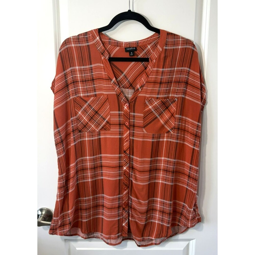 Torrid Womens Orange Plaid Challis Dolman Button Shirt sz 0 Fall Autumn rayon